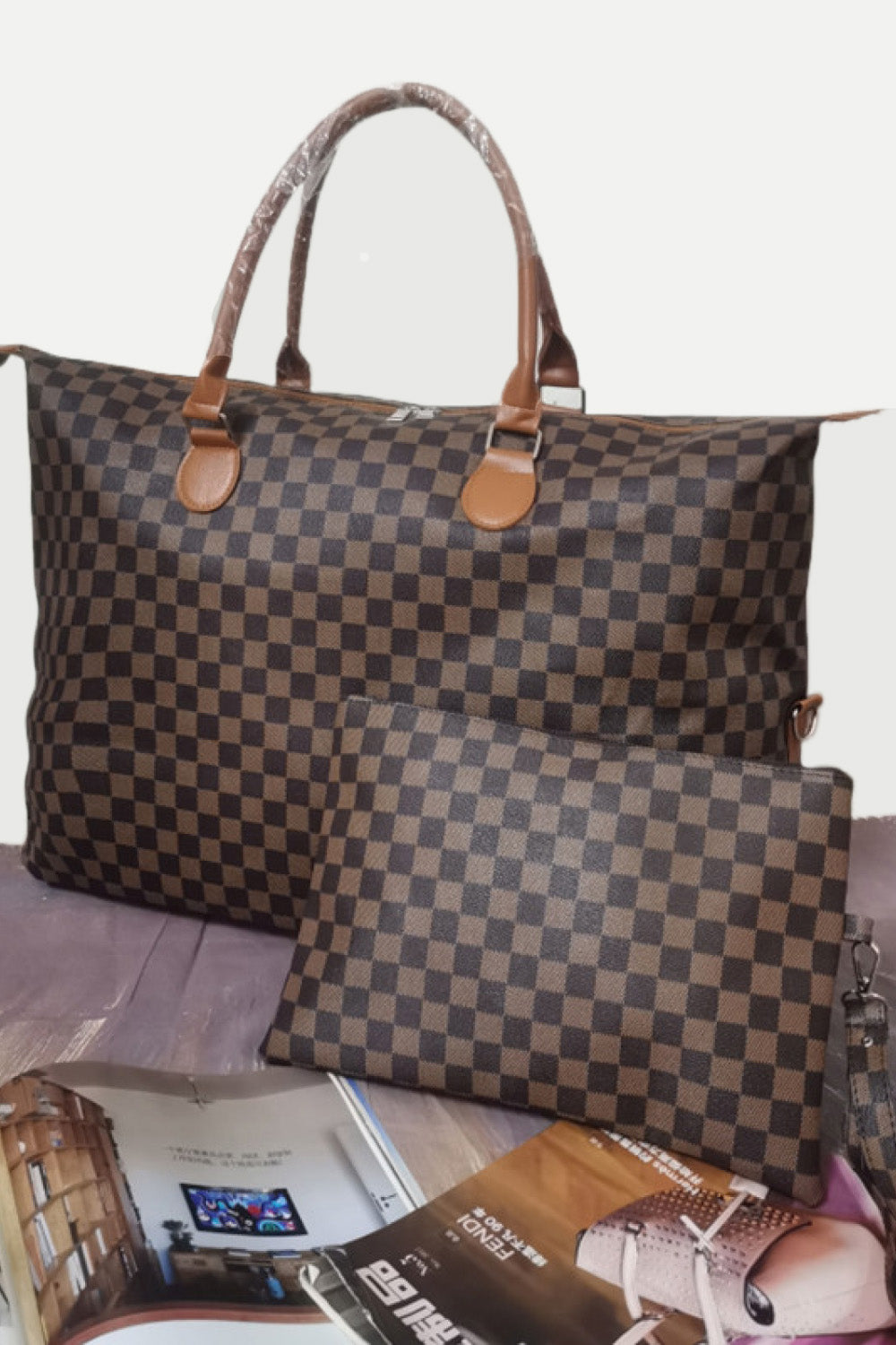 Dark Olive Green Checkered Two-Piece Bag Set Handbags