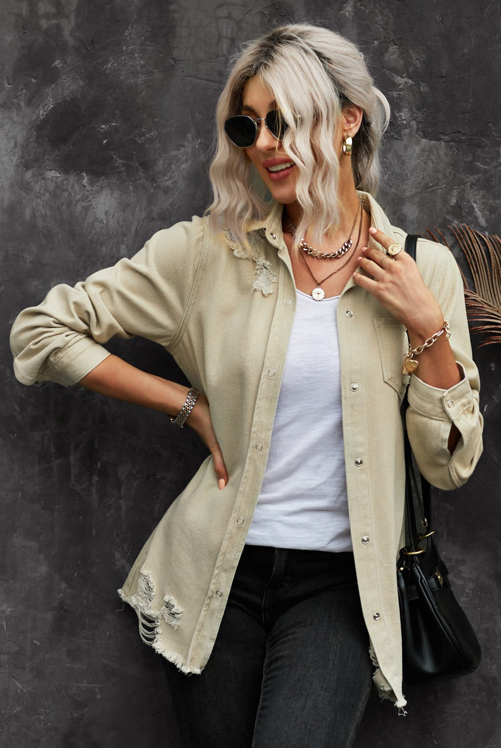 Dark Slate Gray Nothing Is Better Distressed Snap Down Denim Jacket Coats & Jackets