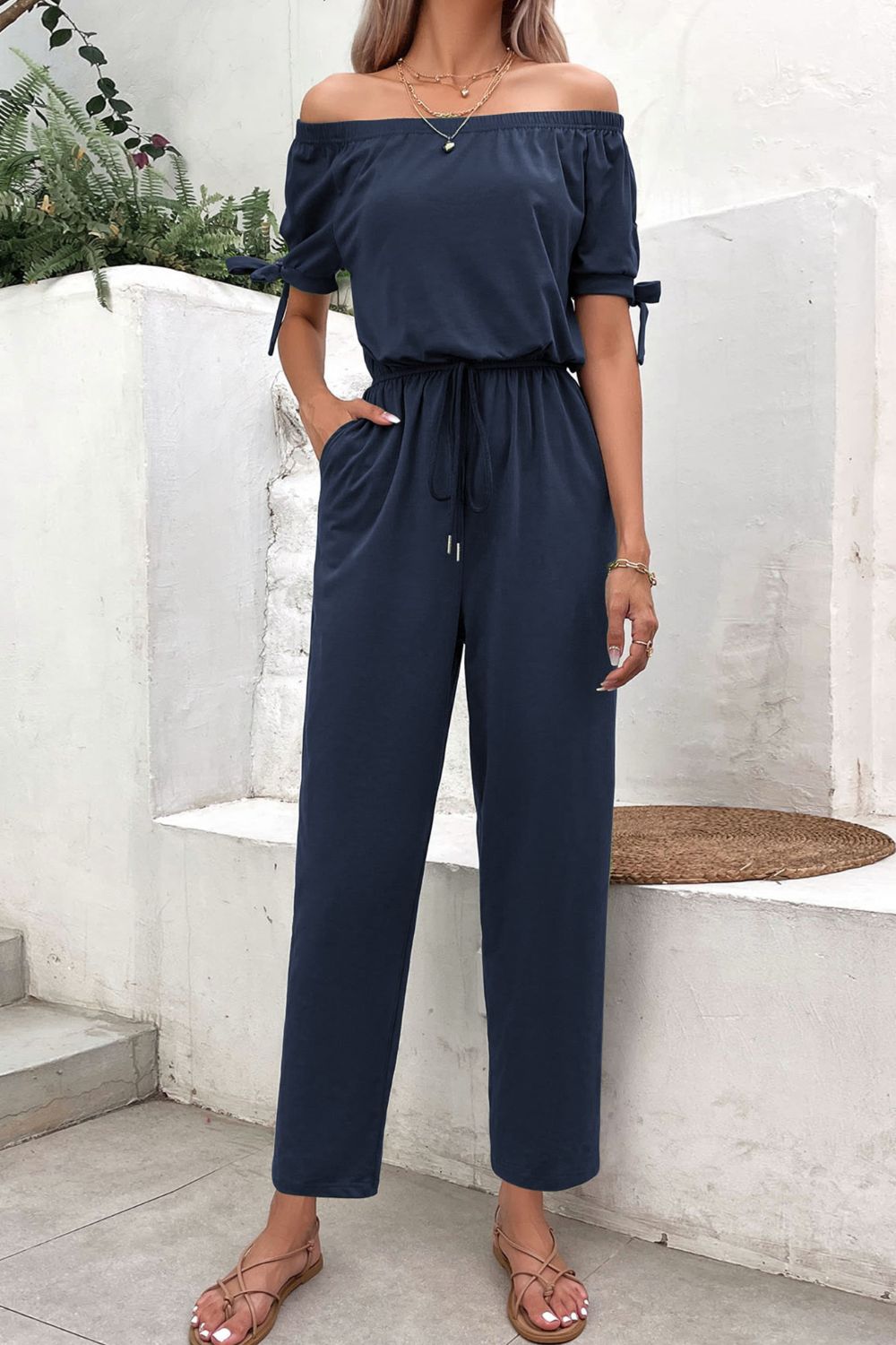 Dark Slate Gray Off-Shoulder Tie Cuff Jumpsuit with Pockets Clothing