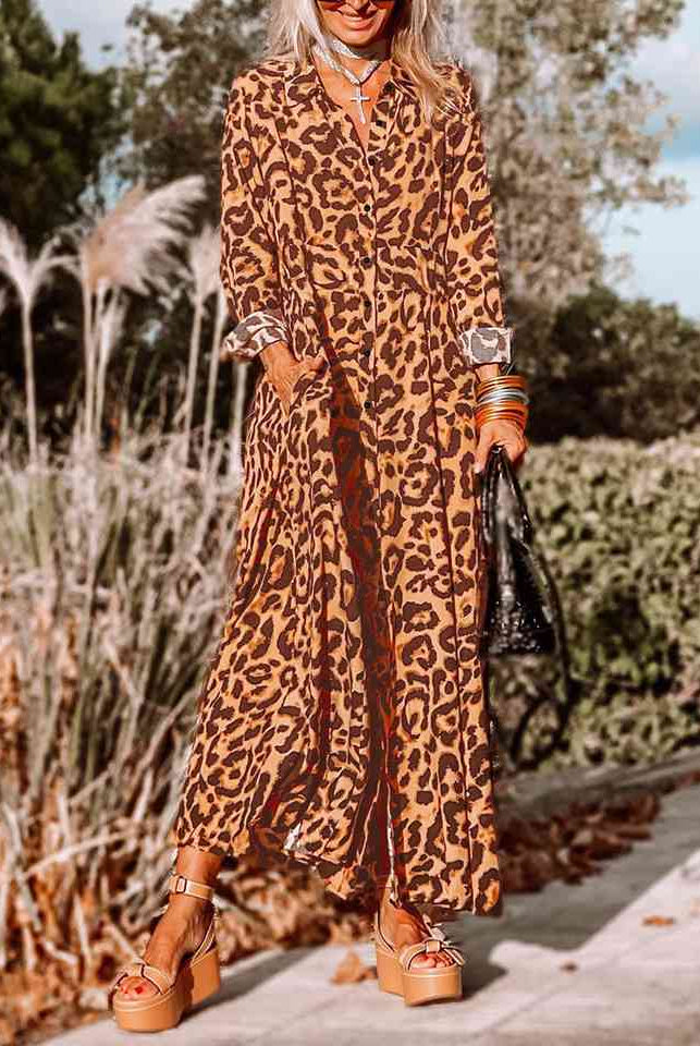 Rosy Brown Leopard Buttoned Maxi Dress Trends