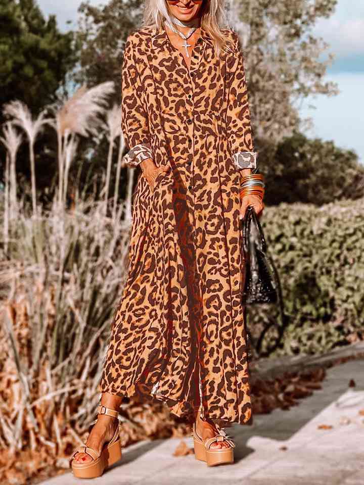 Rosy Brown Leopard Buttoned Maxi Dress Trends