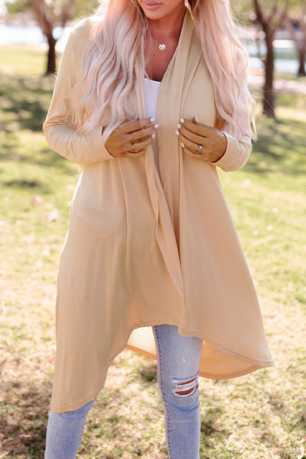 Tan High-Low Open Front Cardigan with Pockets