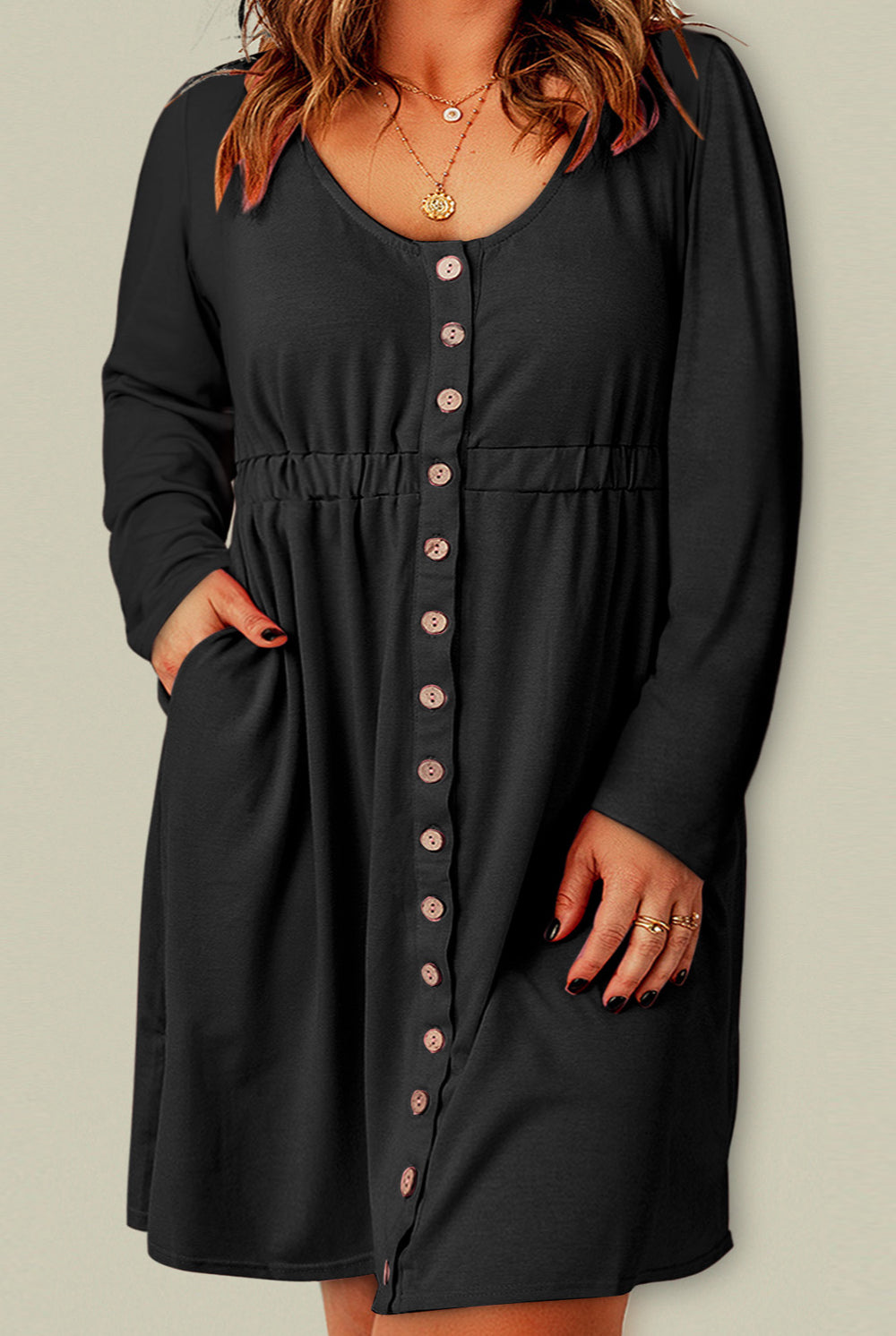 Black The Magic Dress Plus Size Button Front Elastic Waist Long Sleeve Dress Dresses