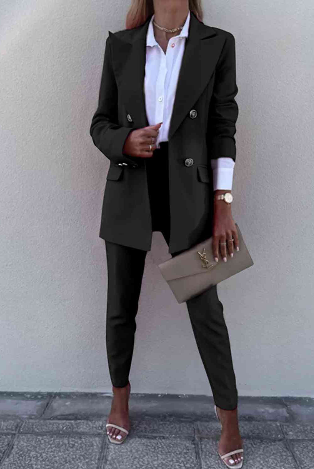 Dark Gray Lapel Collar Long Sleeve Blazer and Pants Set Plus Size Clothes