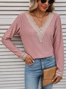 Rosy Brown Contrast V-Neck Eyelet Long Sleeve Top Clothes