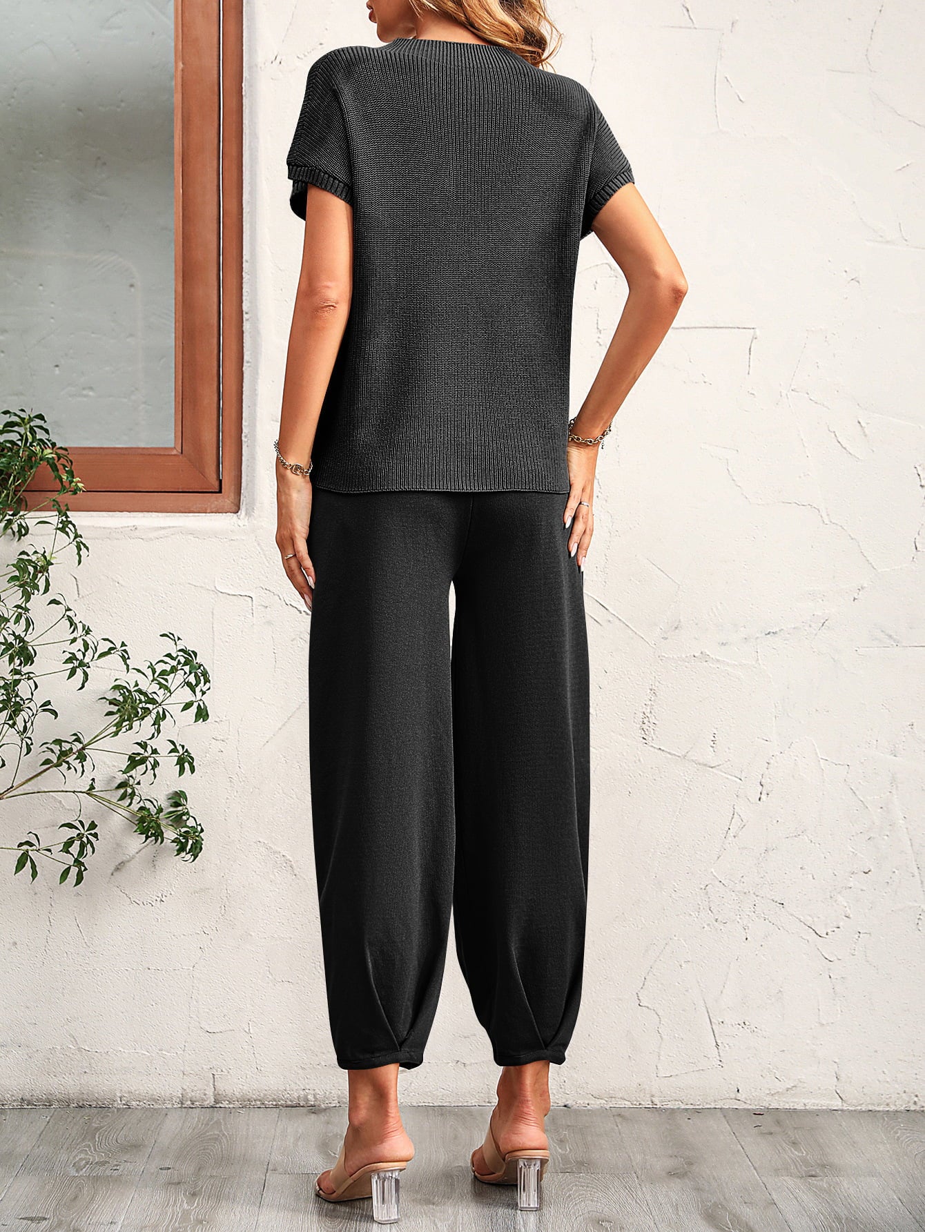 Black Round Neck Raglan Sleeve Tee and Long Pants Set Clothing