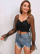 Light Gray Drawstring Flounce Sleeve Cropped Top Clothing