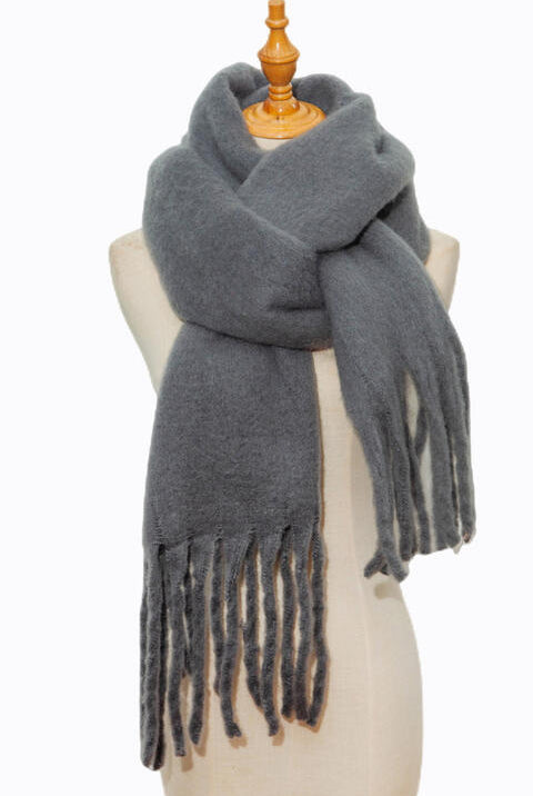 Dim Gray Fringe Detail Polyester Scarf Winter Accessories