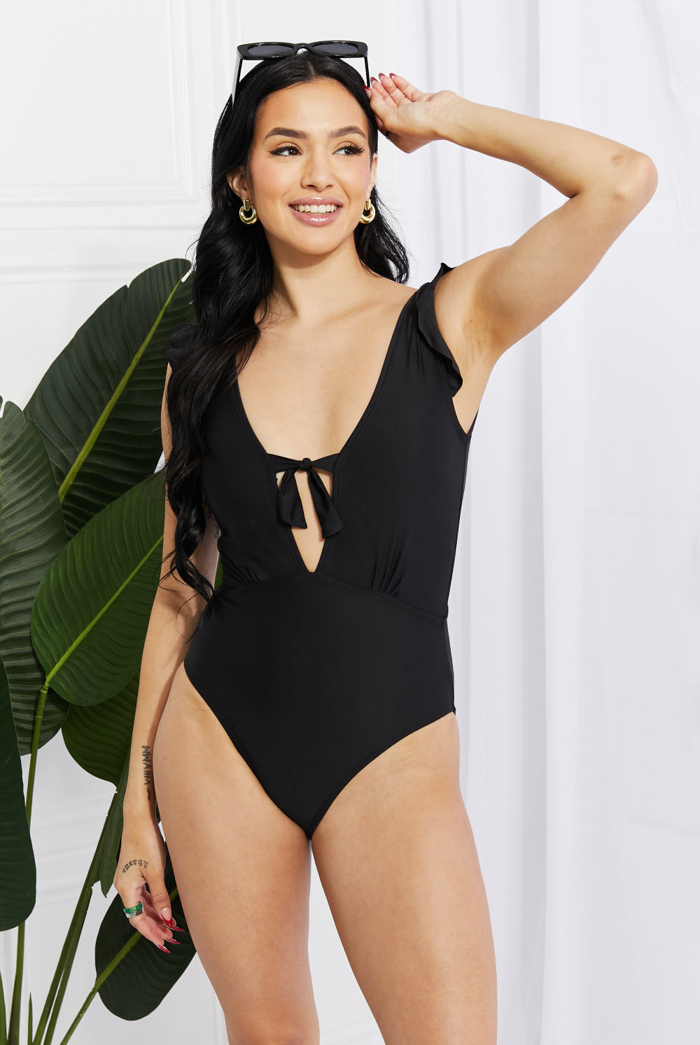 Black Marina West Swim Seashell Ruffle Sleeve One-Piece in Black Swimwear