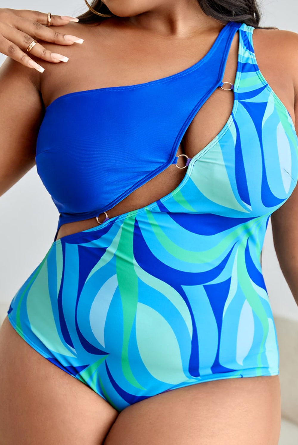 Tan Groovy Baby Plus Size Printed Ring Detail One-Shoulder One-Piece Swimsuit Plus Size Swimsuits