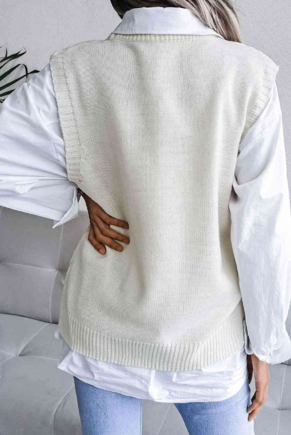 Gray Round Neck Openwork Capped Sleeve Sweater Vest Winter Accessories