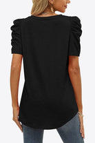 Black V-Neck Puff Sleeve Tee Tops