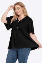 Beige Plus Size Buttoned V-Neck Frill Trim Babydoll Blouse Tops