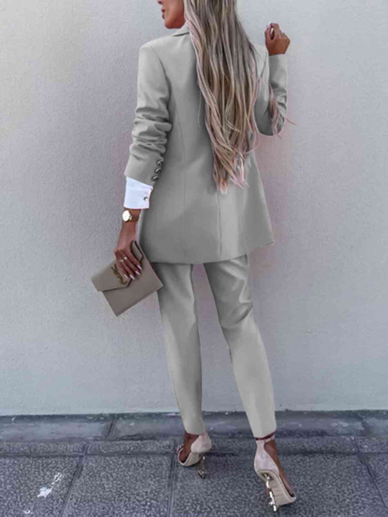 Dark Gray Lapel Collar Long Sleeve Blazer and Pants Set Plus Size Clothes