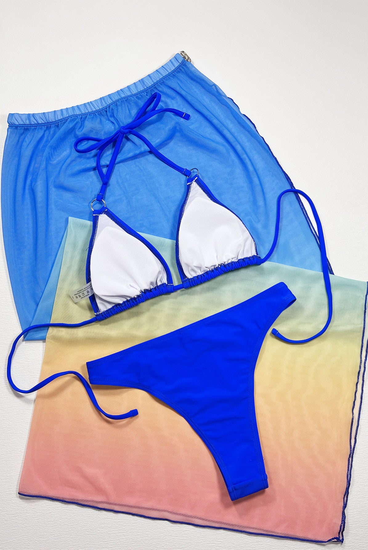 Royal Blue Gradient Halter Neck Three-Piece Swim Set Clothing