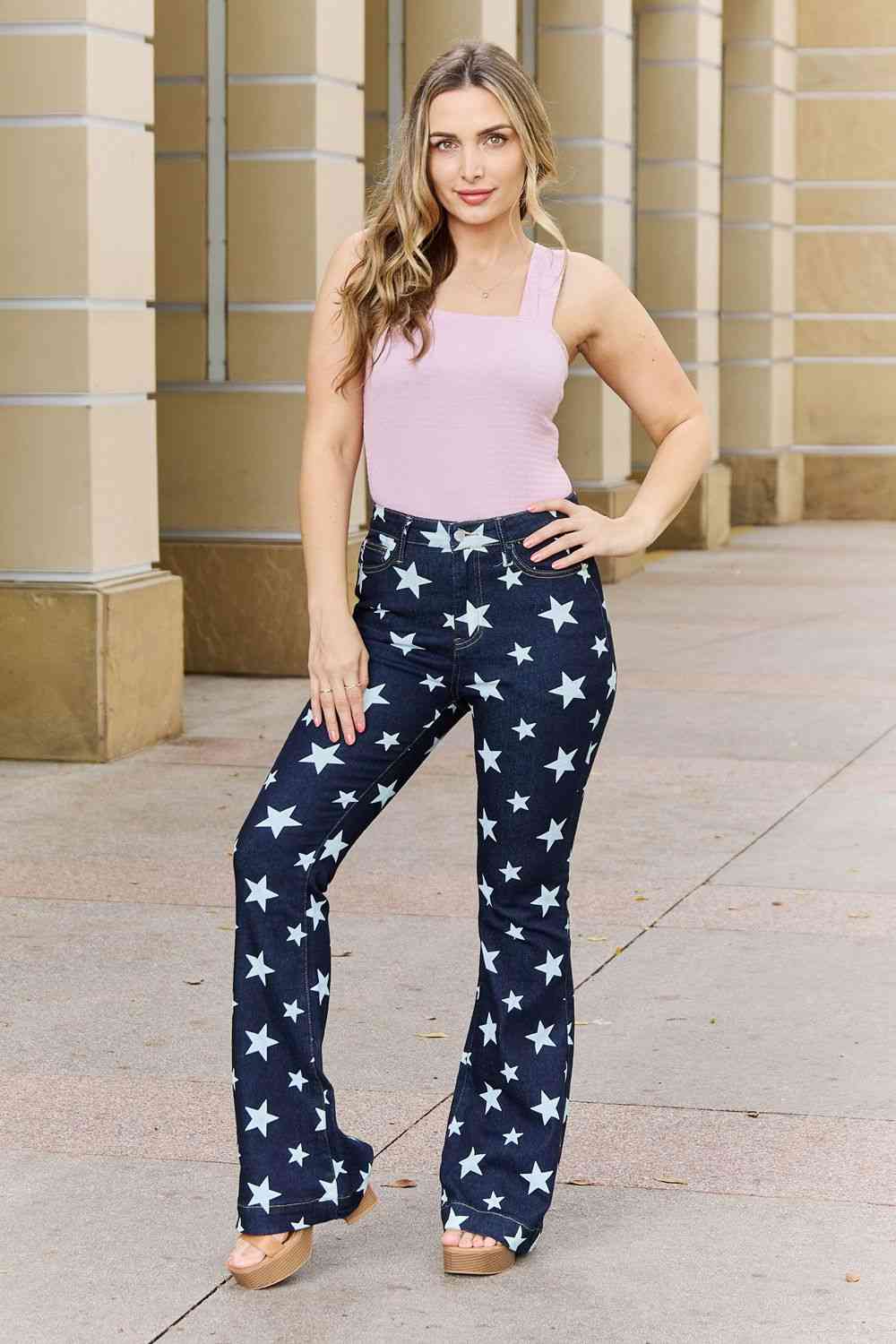 Gray Judy Blue Janelle Full Size High Waist Star Print Flare Jeans Clothing