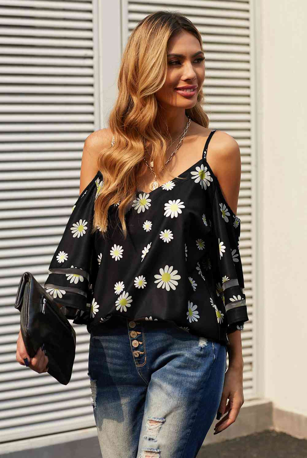 Gray Printed Cold-Shoulder Three-Quarter Flare Sleeve Blouse Trends
