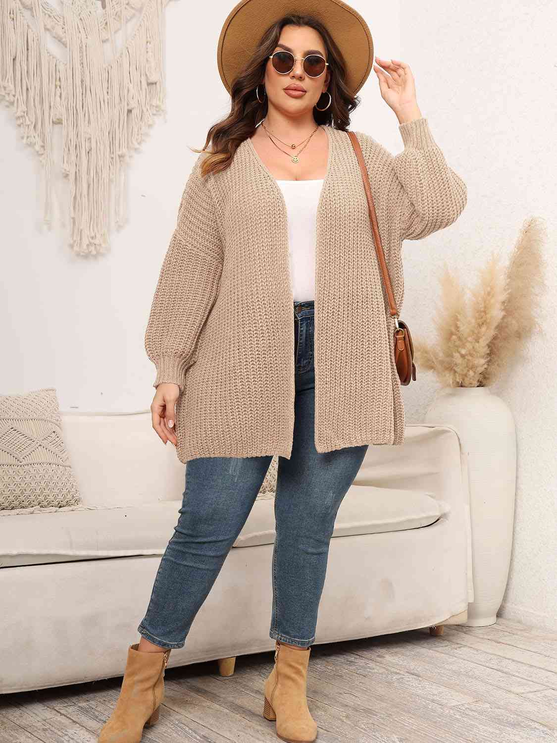 Light Gray Plus Size Open Front Dropped Shoulder Knit Cardigan Plus Size Clothes