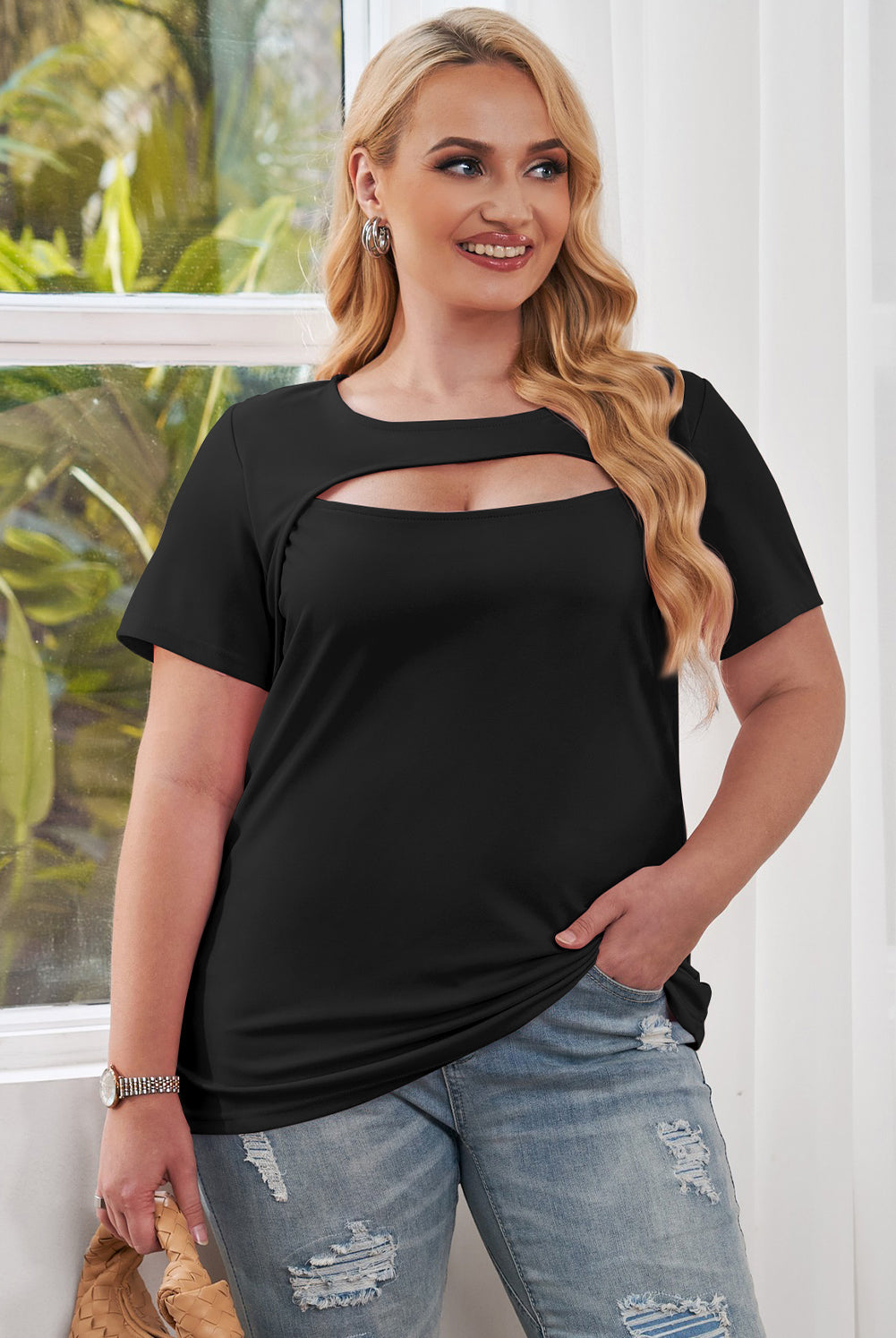Rosy Brown Plus Size Cutout Round Neck Short Sleeve Tee Plus Size Clothes