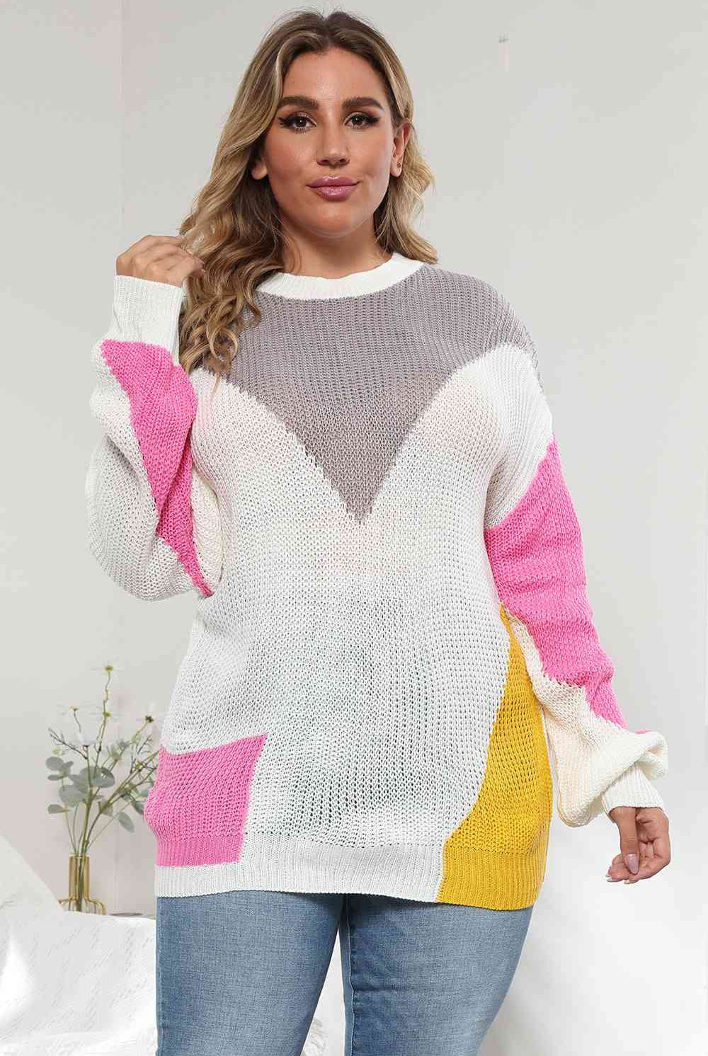 Light Gray Plus Size Color Block Round Neck Sweater Plus Size Clothes