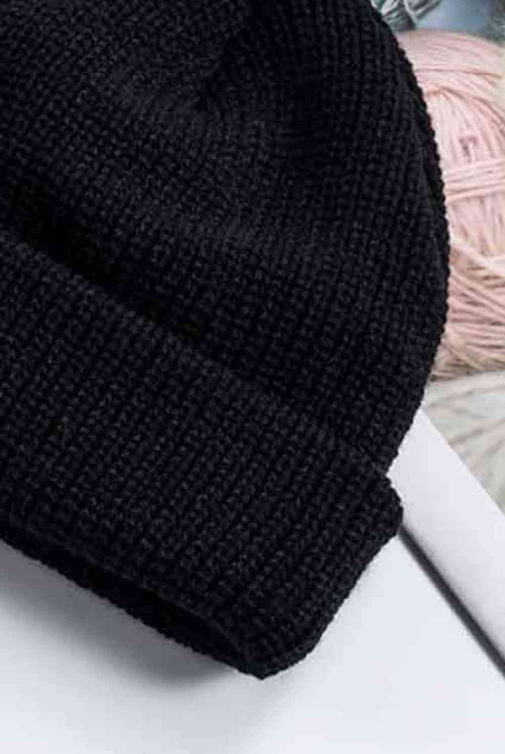 Black Cozy Rib-Knit Cuff Beanie Winter Accessories