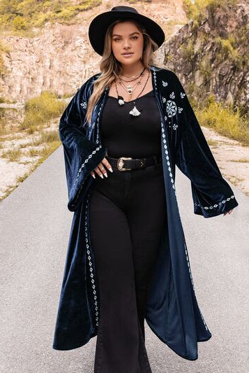 Black Plus Size Embroidery Open Front Long Sleeve Cardigan Plus Size Clothing