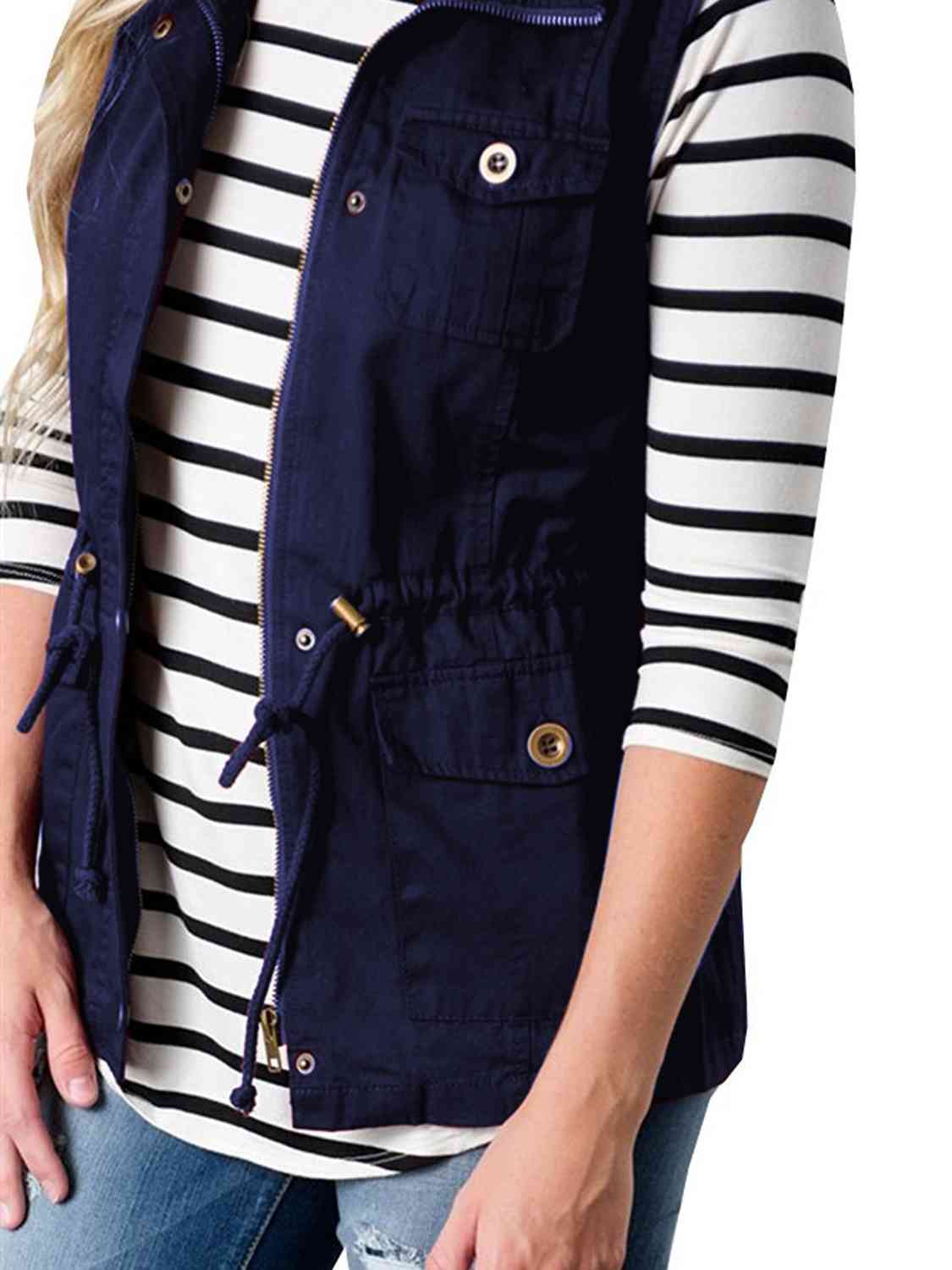 Black Drawstring Waist Vest with Pockets Winter Accessories