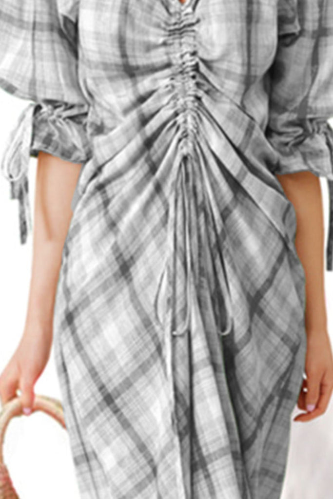 Gray Plus Size Plaid Drawstring Detail Flounce Sleeve Dress Clothing