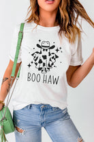Light Gray V-Neck Short Sleeve BOO HAW Ghost Graphic T-Shirt Clothing