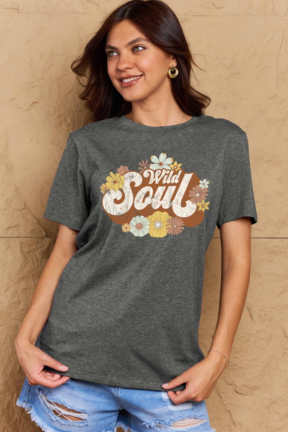 Rosy Brown Simply Love Full Size WILD SOUL Graphic Cotton T-Shirt Graphic Tees