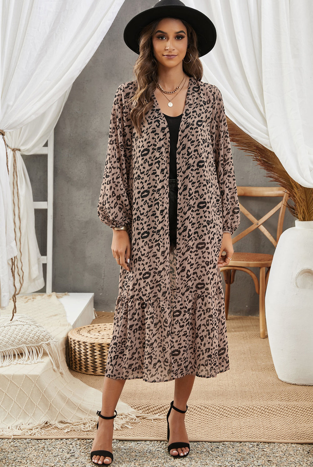 Rosy Brown Bloomin Animal Print Long Sleeve Open Front Cardigan Cover Ups