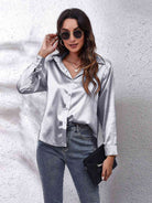 Light Gray Collared Neck Buttoned Long Sleeve Shirt Plus Size Clothes