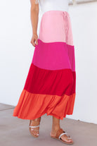 Maroon Color Block Tiered Maxi Skirt Clothing