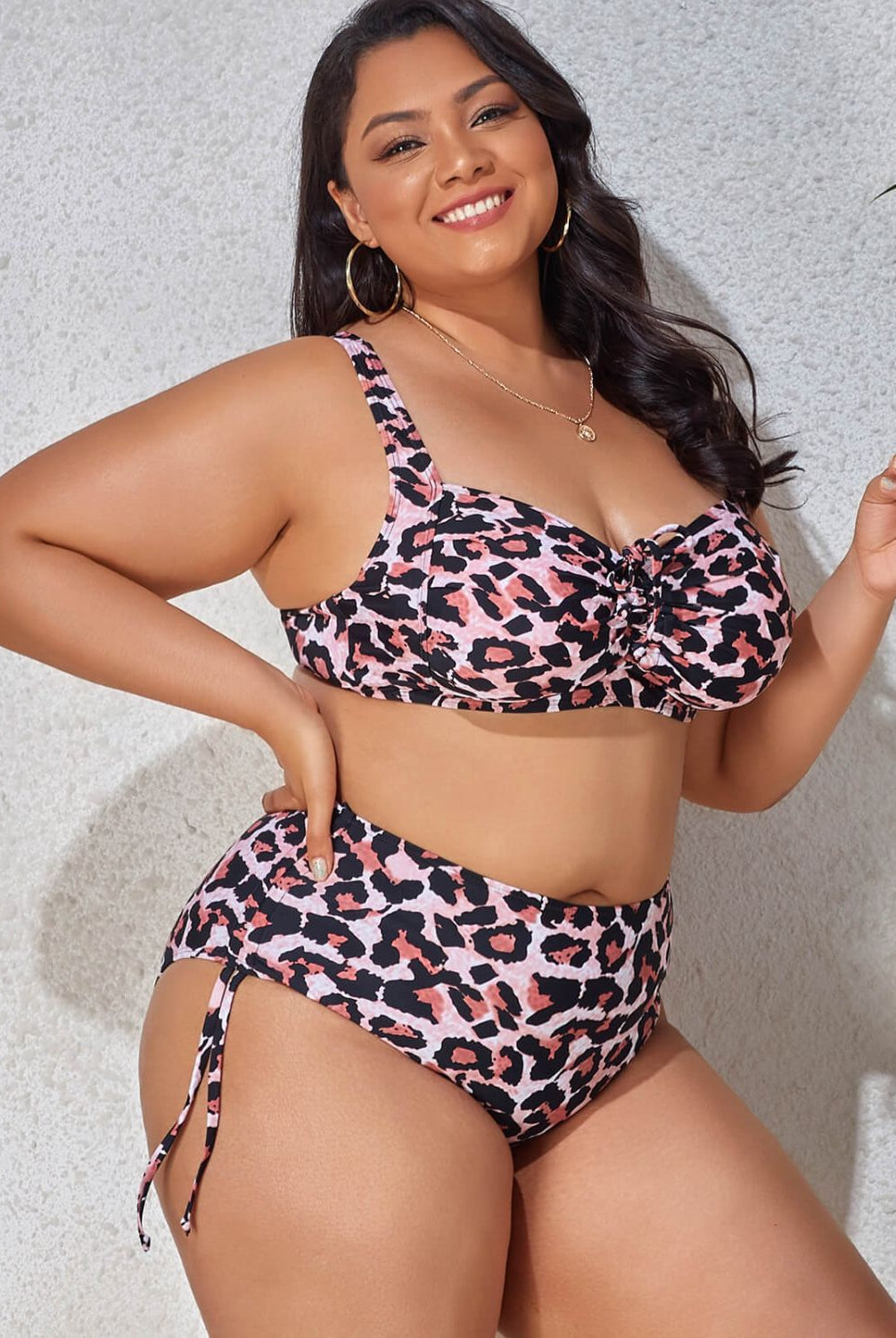 Rosy Brown Plus Size Printed Drawstring Detail Bikini Set Clothes
