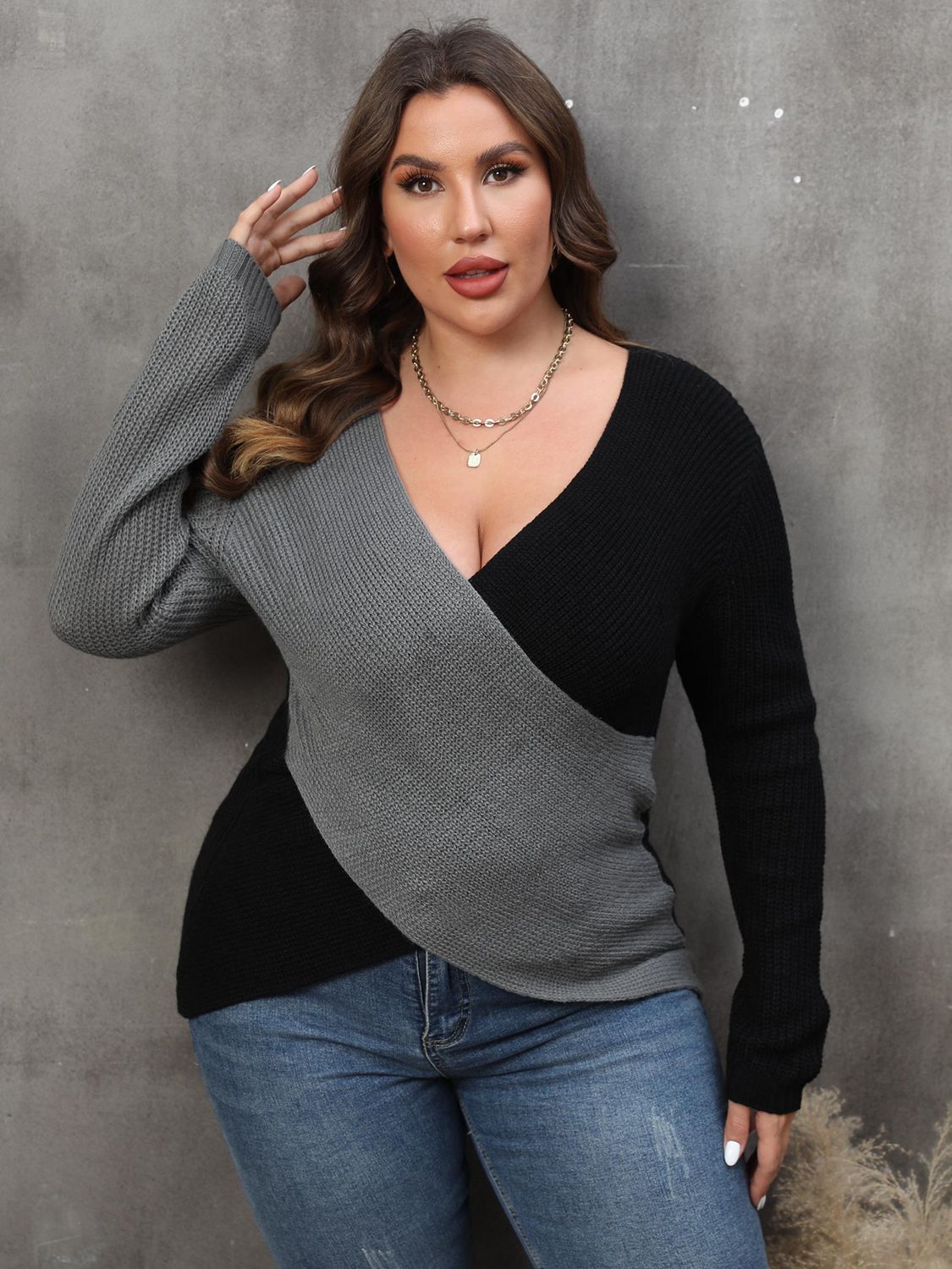 Dim Gray Plus Size Two-Tone Surplice Neck Sweater Clothing