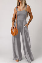 Light Gray Smocked Square Neck Wide Leg Jumpsuit with Pockets