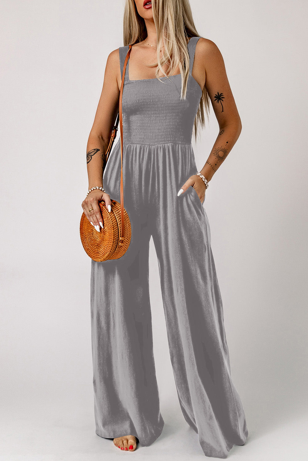 Light Gray Walk Humbly Smocked Square Neck Wide Leg Jumpsuit with Pockets Jumpsuits & Rompers