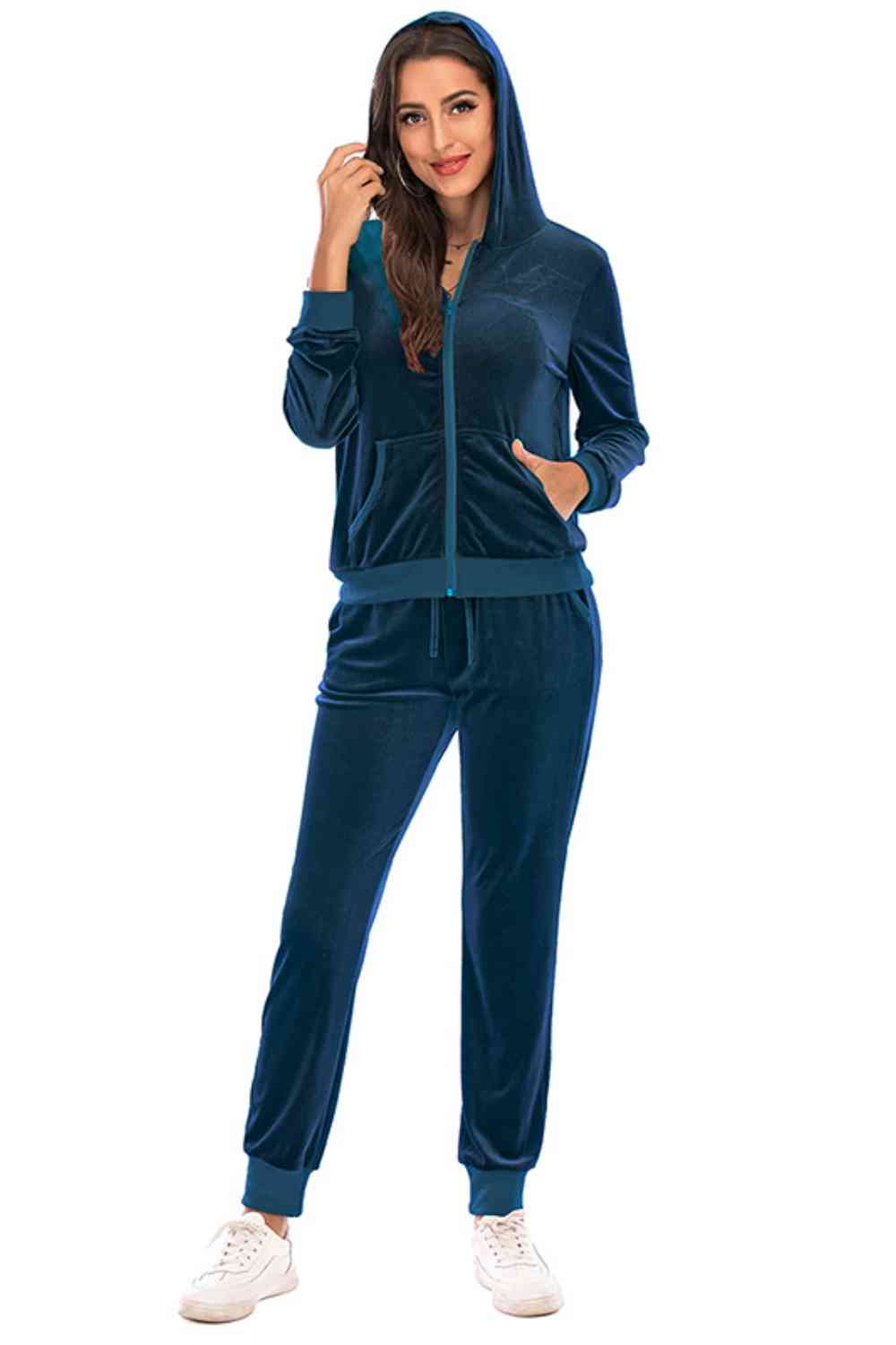 Dark Slate Gray Zip-Up Hooded Jacket and Pants Set New Year Looks