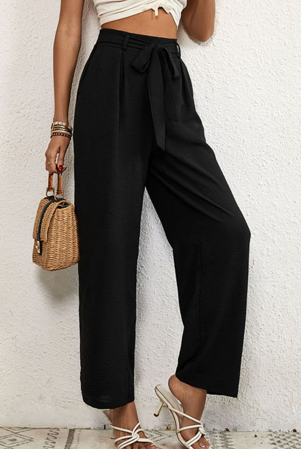 Black The First Sign Of Spring Belted Pleated Waist Wide Leg Pants Pants