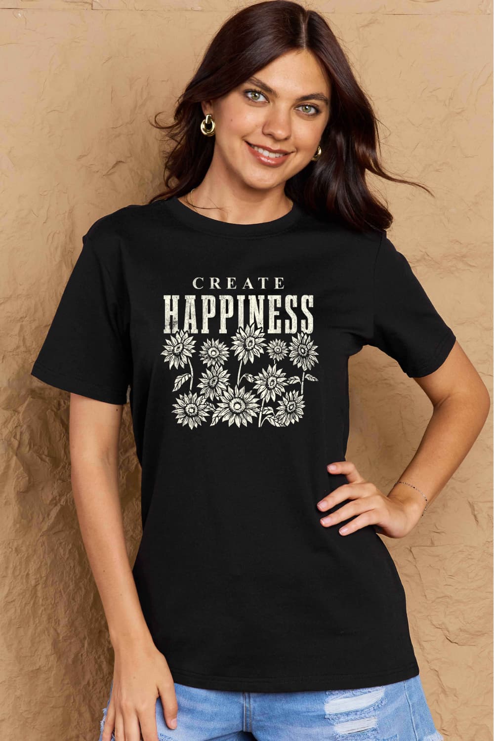 Rosy Brown Simply Love Full Size CREATE HAPPINESS Graphic Cotton T-Shirt