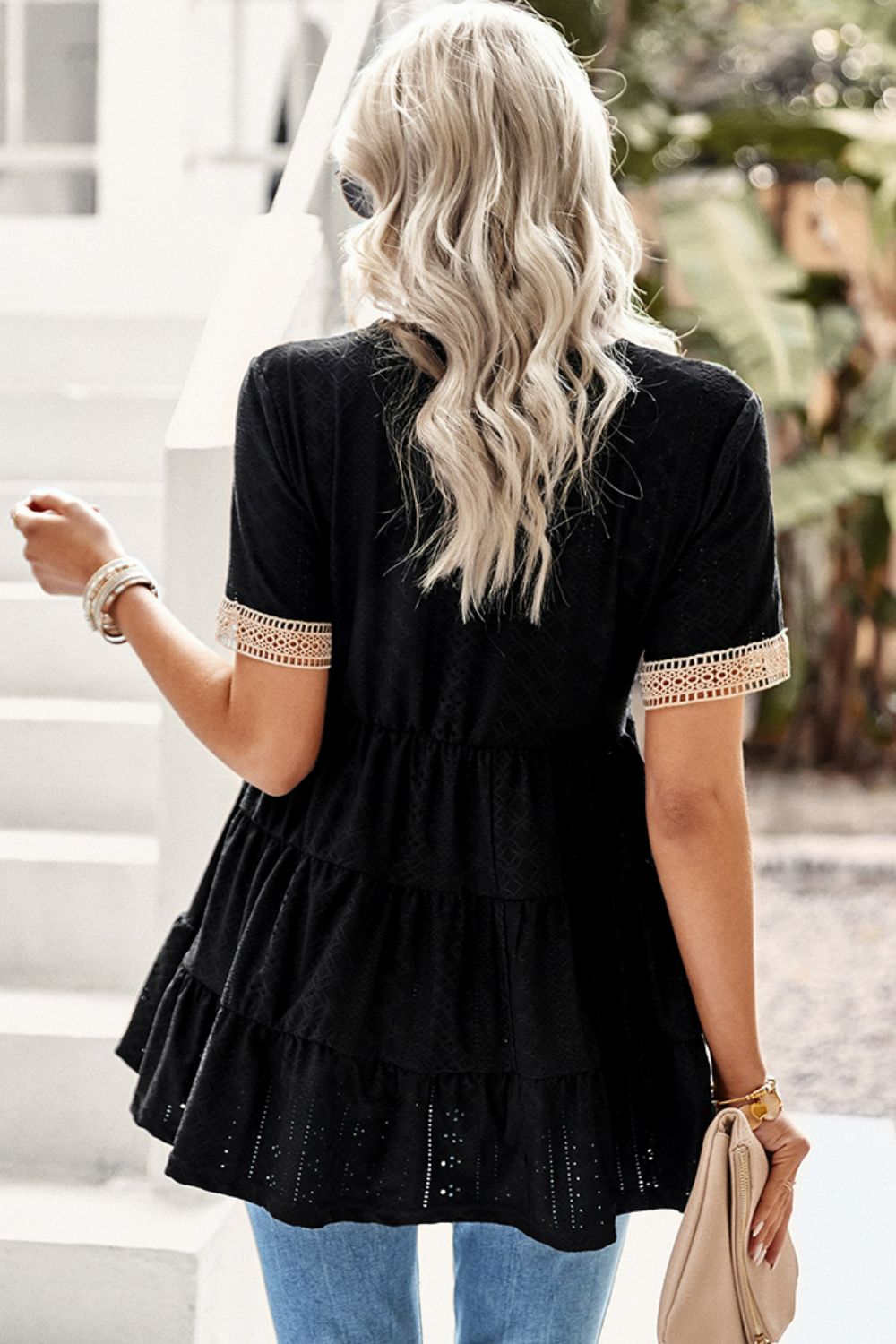 Black Contrast Short Sleeve Tiered Blouse Clothing