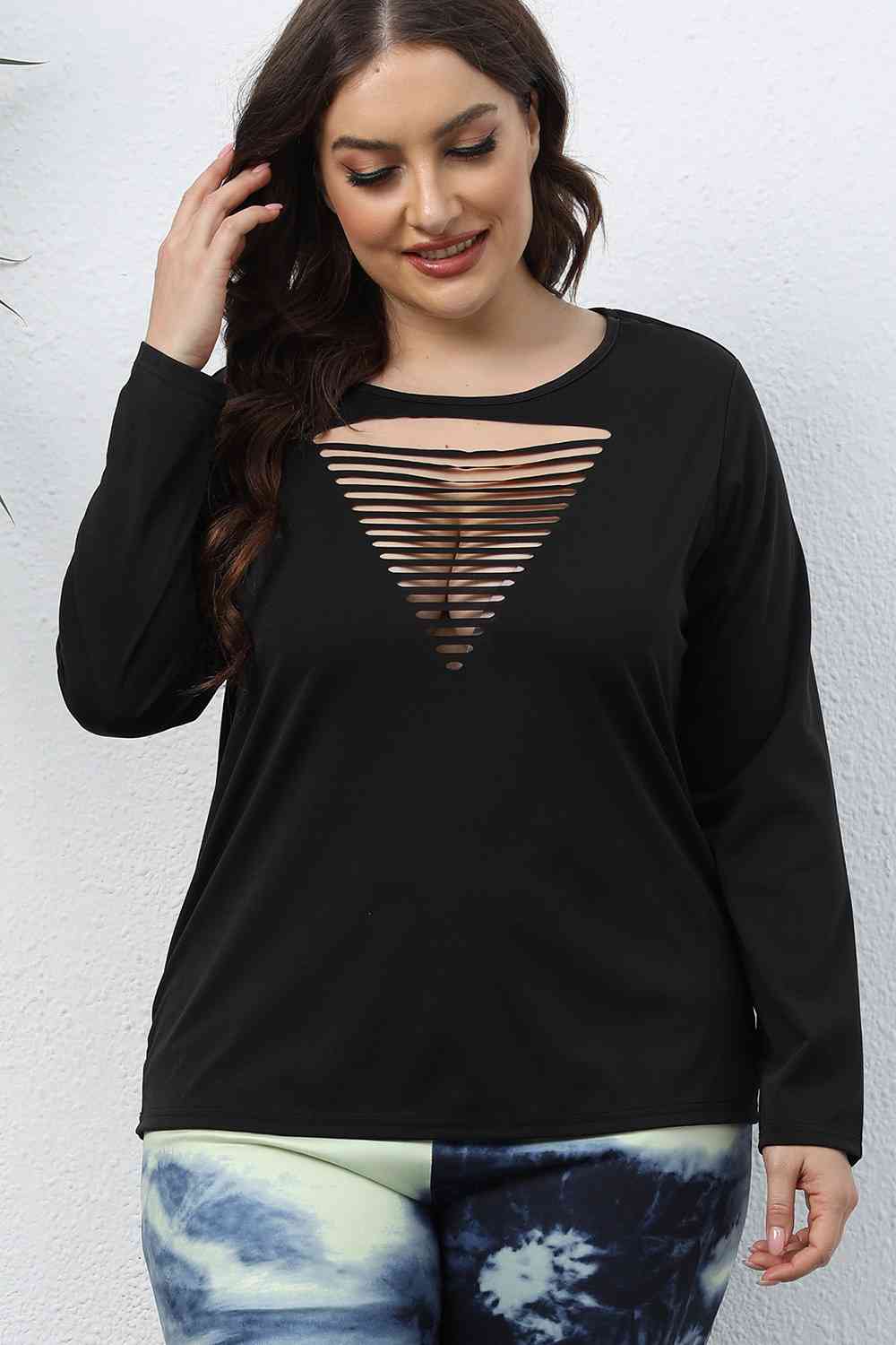 Black Plus Size Cutout Front Long Sleeve T-Shirt Plus Size Clothes