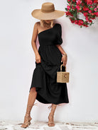 Black Smocked One-Shoulder Midi Dress Clothes