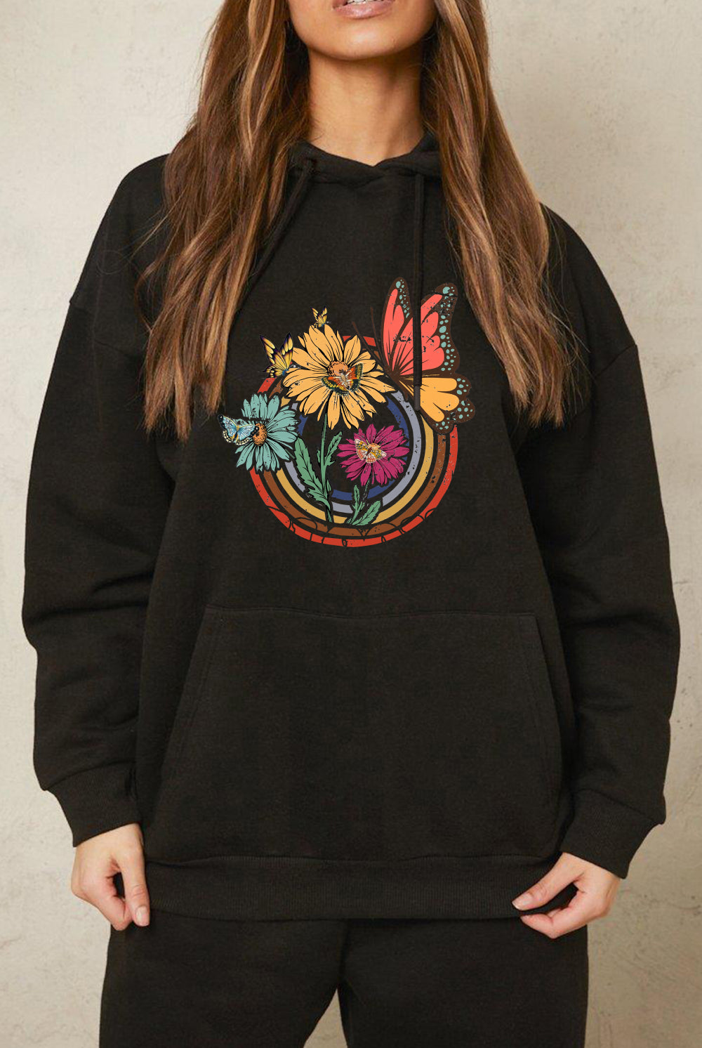 Black Simply Love Simply Love Full Size Butterfly and Flower Graphic Hoodie Sweatshirts