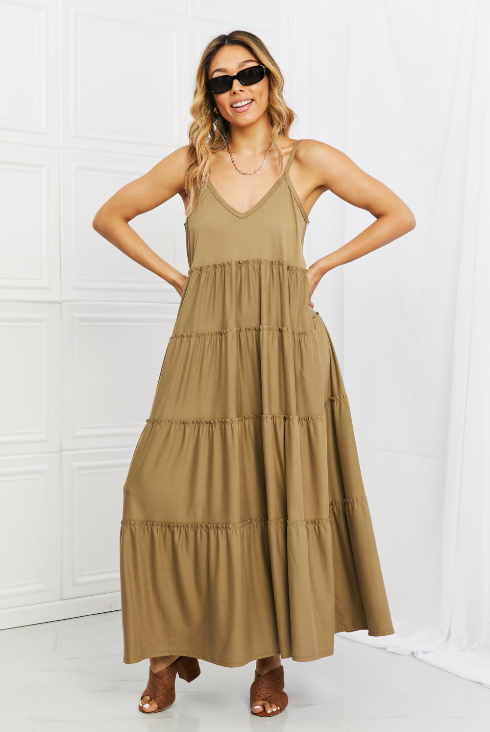 Light Gray Zenana Full Size Spaghetti Strap Tiered Dress with Pockets in Khaki Plus Size Clothes