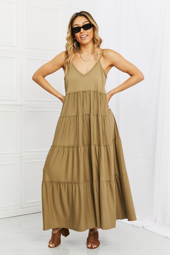 Light Gray Zenana Full Size Spaghetti Strap Tiered Dress with Pockets in Khaki Plus Size Clothes