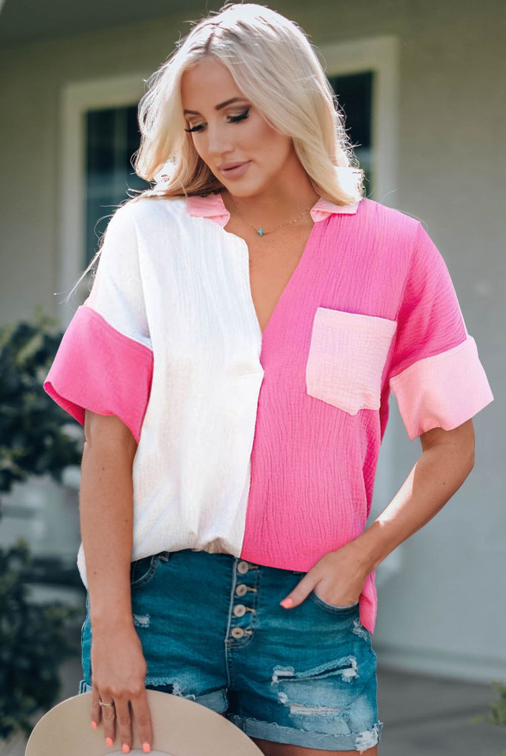 Rosy Brown Pink Summer Color Block Textured Johnny Collar Blouse Tops