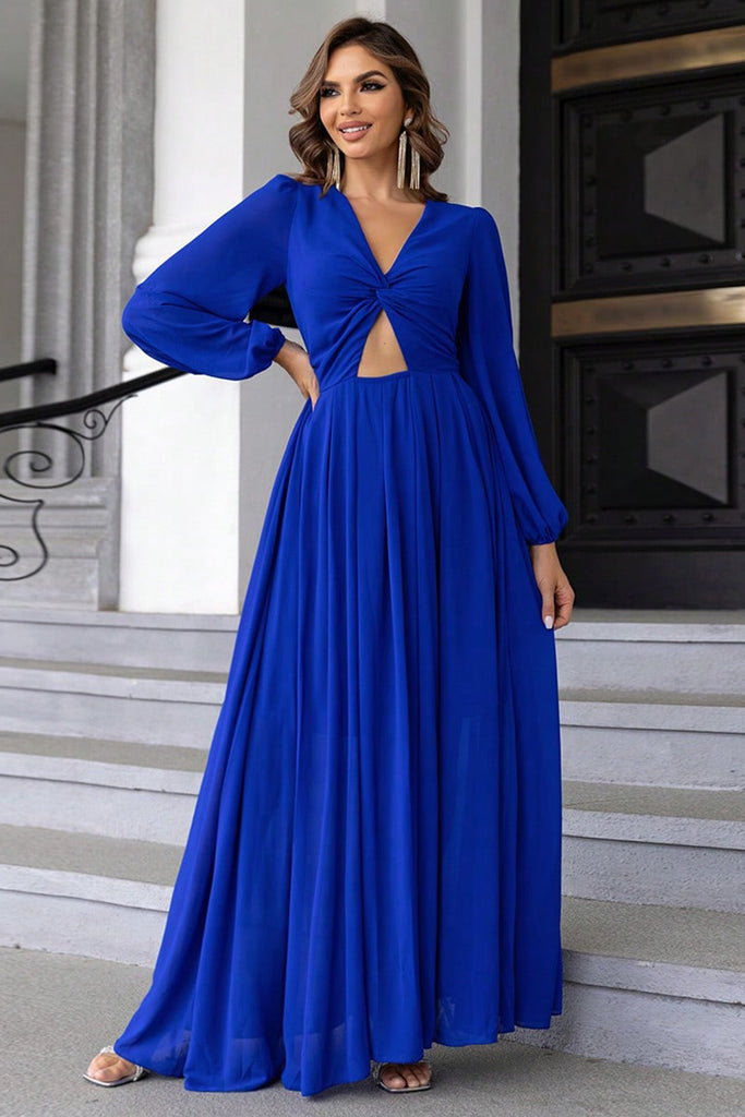 Dark Slate Blue Twist Front Cutout Long Sleeve Dress Formalwear