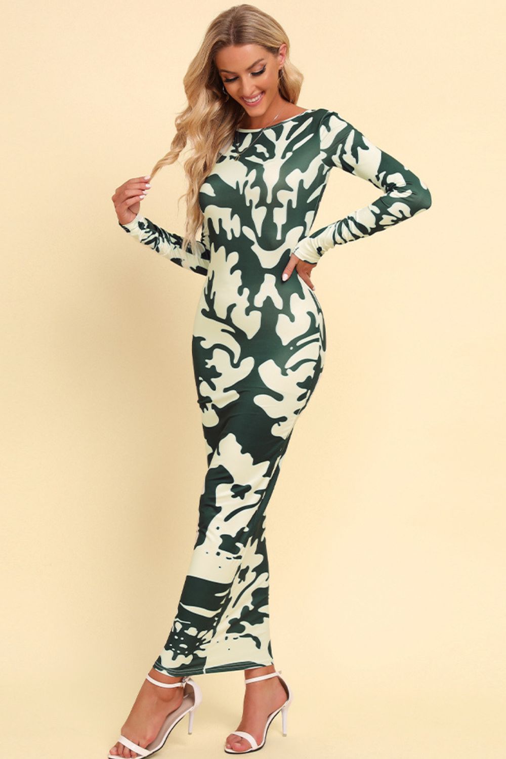 Wheat Printed Backless Long Sleeve Maxi Dress Clothes