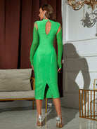 Dark Olive Green Cold-Shoulder Mesh Sleeve Slit Back Bodycon Dress Cocktail Dresses